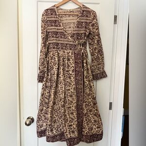 Vintage Indian Cotton Block-Printed Floral Wrap Midi/Maxi Dress Cream Brown S